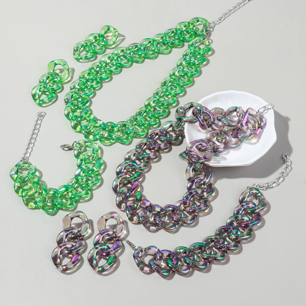 4pcs/Set Iridescent Acrylic Chain Necklace for Women New Transparent Square Link Statement Earrings Bracelet Choker Jewelry Sets