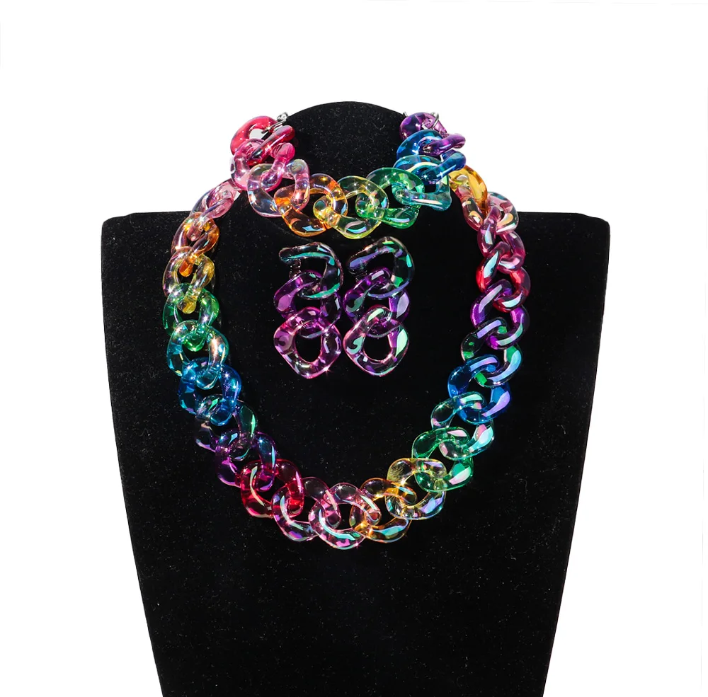 4pcs/Set Iridescent Acrylic Chain Necklace for Women New Transparent Square Link Statement Earrings Bracelet Choker Jewelry Sets