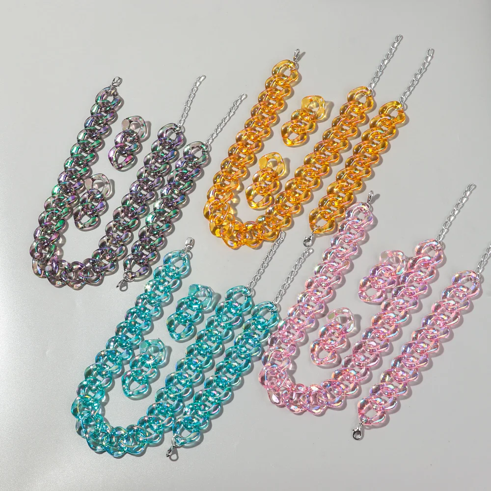 4pcs/Set Iridescent Acrylic Chain Necklace for Women New Transparent Square Link Statement Earrings Bracelet Choker Jewelry Sets