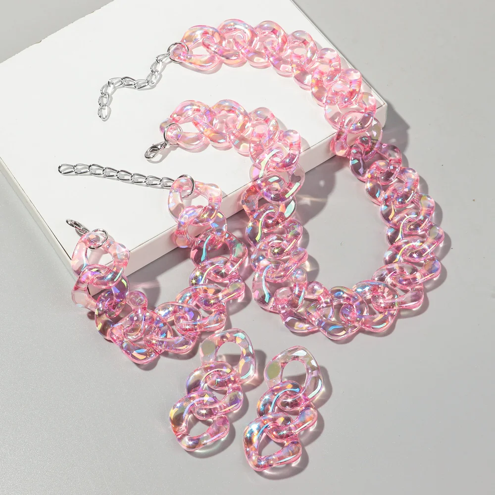 4pcs/Set Iridescent Acrylic Chain Necklace for Women New Transparent Square Link Statement Earrings Bracelet Choker Jewelry Sets