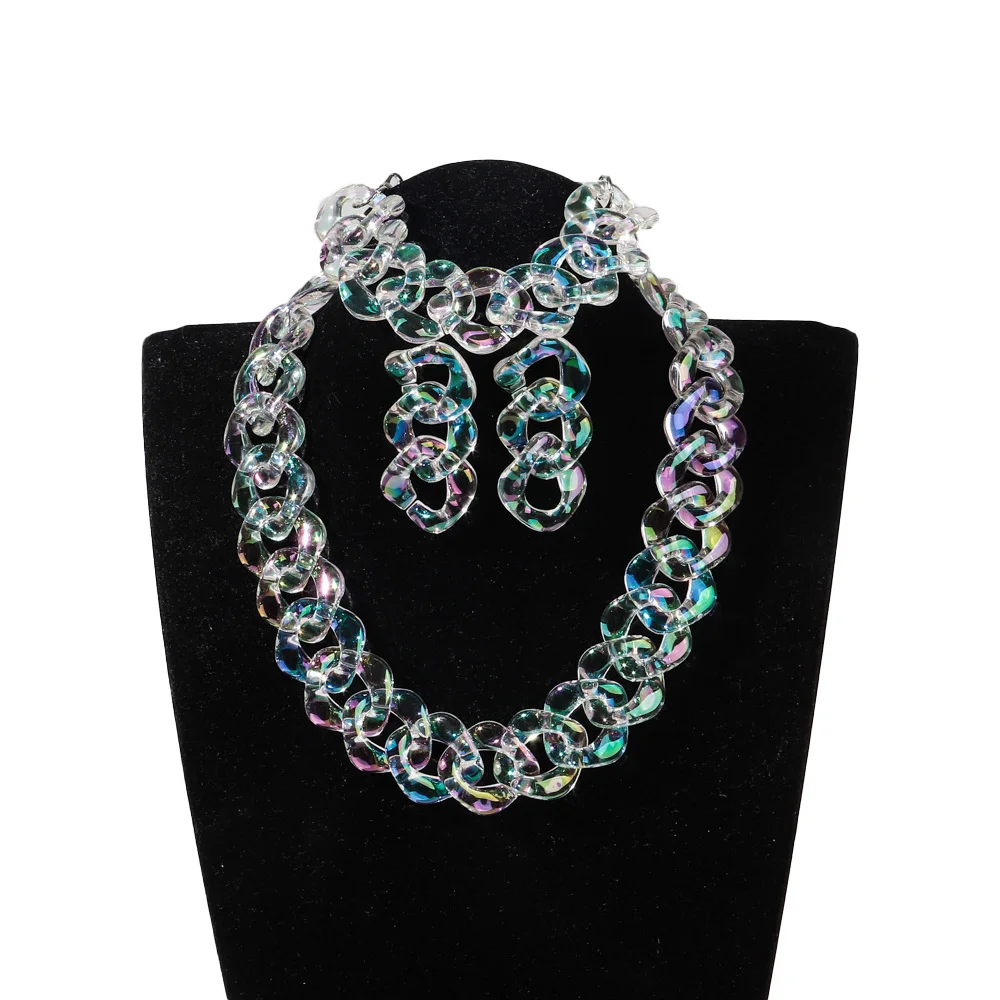 4pcs/Set Iridescent Acrylic Chain Necklace for Women New Transparent Square Link Statement Earrings Bracelet Choker Jewelry Sets