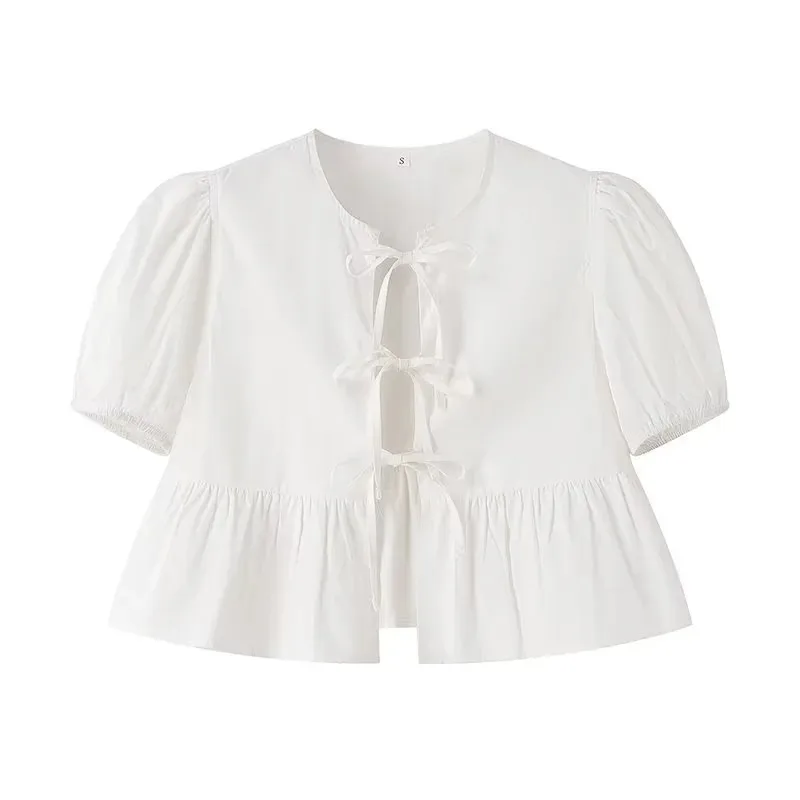 MUJER Ruffle Blouses Woman Puff Sleeve Shirts and Blouses for Women White Black Ruched Crop Top Female Ruched Women's Blouse
