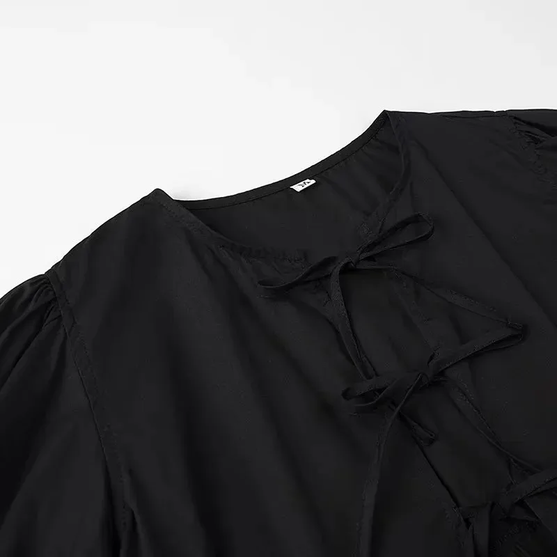 MUJER Ruffle Blouses Woman Puff Sleeve Shirts and Blouses for Women White Black Ruched Crop Top Female Ruched Women's Blouse
