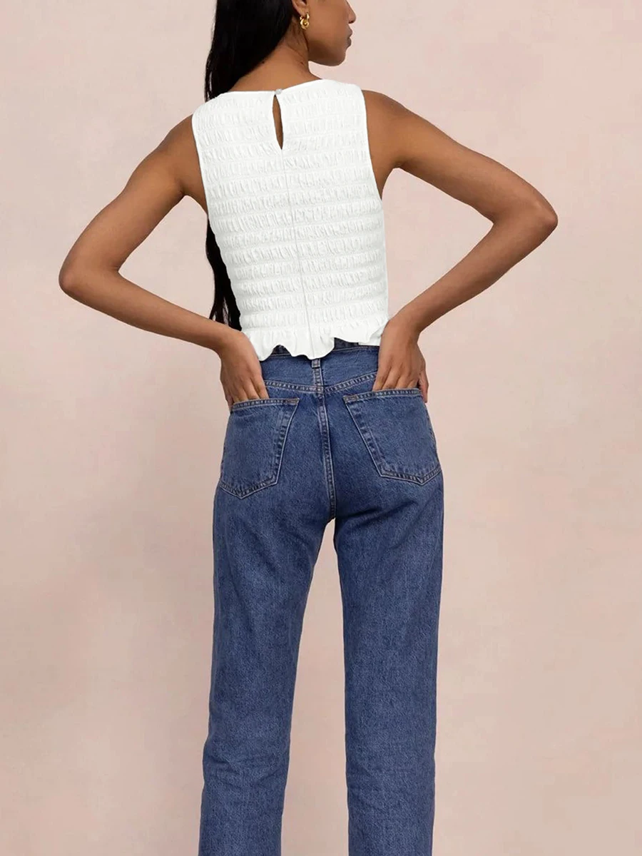 Yk2 Clothes Women Summer Frill Smocked Vest Sleeveless Shirred Ruffle Tank Top Slim Fit Elastic Tee Crop Tops
