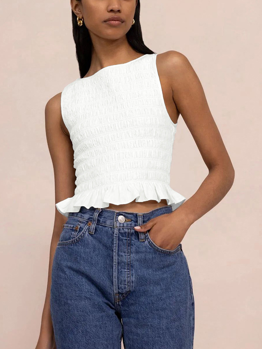 Yk2 Clothes Women Summer Frill Smocked Vest Sleeveless Shirred Ruffle Tank Top Slim Fit Elastic Tee Crop Tops