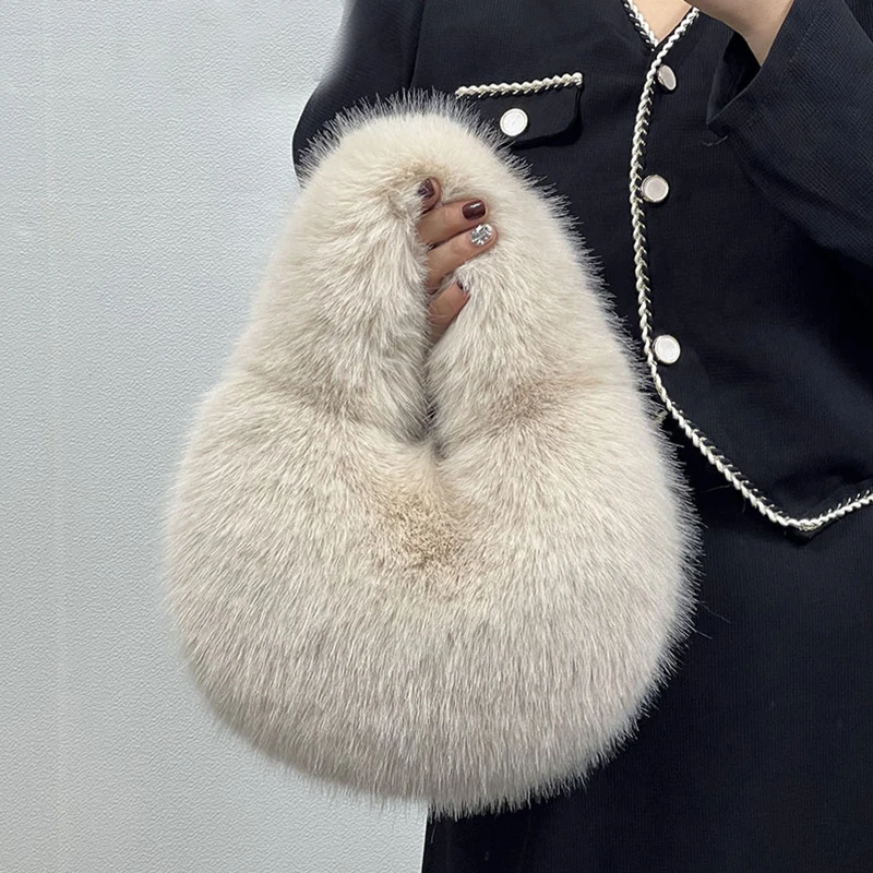 Fashion Soft Plush Half Moon Bags for Women Designer Fluffy Faux Fur Lady Handbags Luxury Small Tote Female Winter Purses