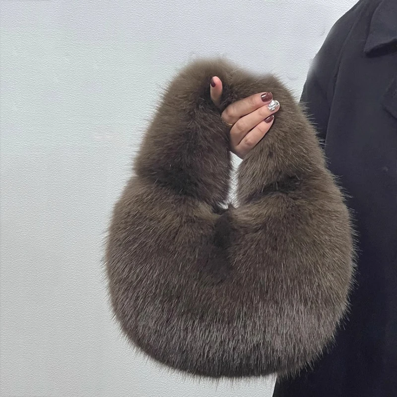 Fashion Soft Plush Half Moon Bags for Women Designer Fluffy Faux Fur Lady Handbags Luxury Small Tote Female Winter Purses