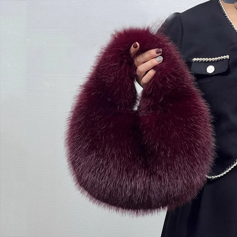 Fashion Soft Plush Half Moon Bags for Women Designer Fluffy Faux Fur Lady Handbags Luxury Small Tote Female Winter Purses