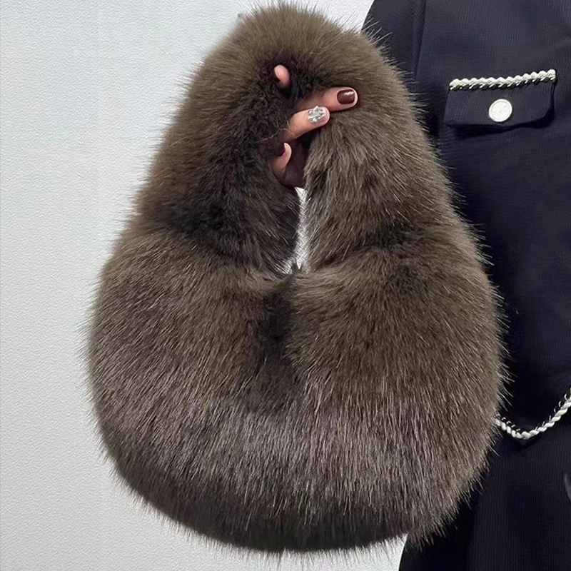 Fashion Soft Plush Half Moon Bags for Women Designer Fluffy Faux Fur Lady Handbags Luxury Small Tote Female Winter Purses