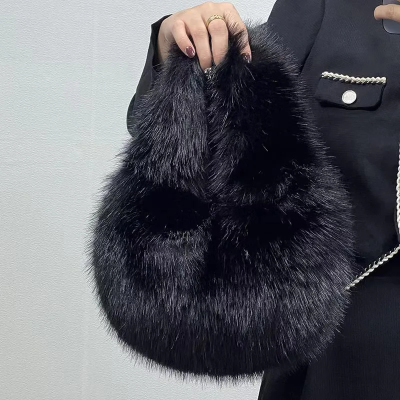 Fashion Soft Plush Half Moon Bags for Women Designer Fluffy Faux Fur Lady Handbags Luxury Small Tote Female Winter Purses