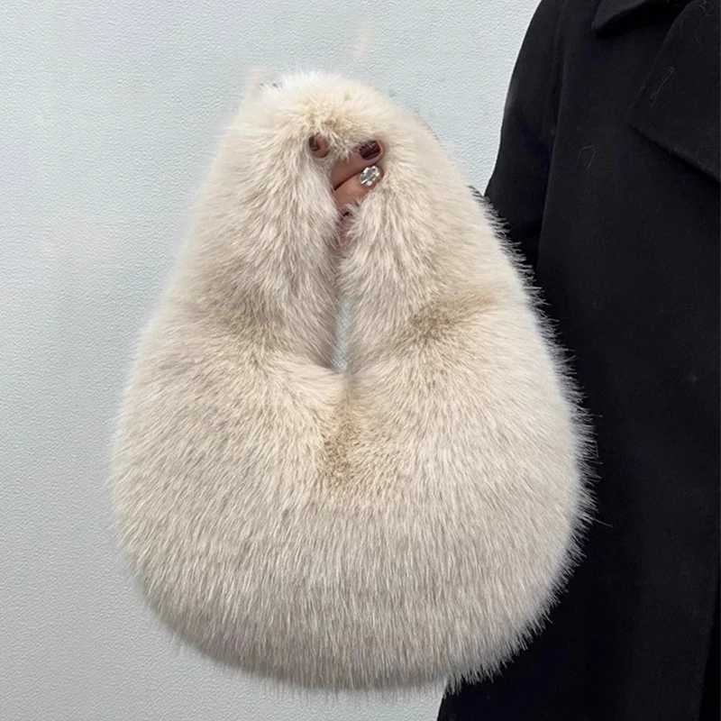 Fashion Soft Plush Half Moon Bags for Women Designer Fluffy Faux Fur Lady Handbags Luxury Small Tote Female Winter Purses