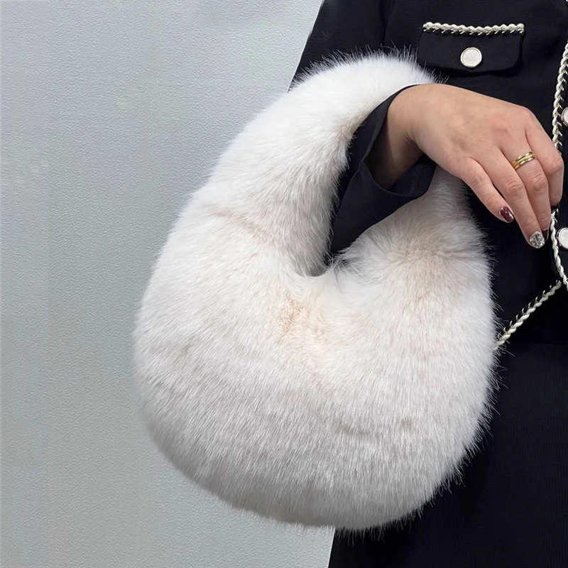 Fashion Soft Plush Half Moon Bags for Women Designer Fluffy Faux Fur Lady Handbags Luxury Small Tote Female Winter Purses