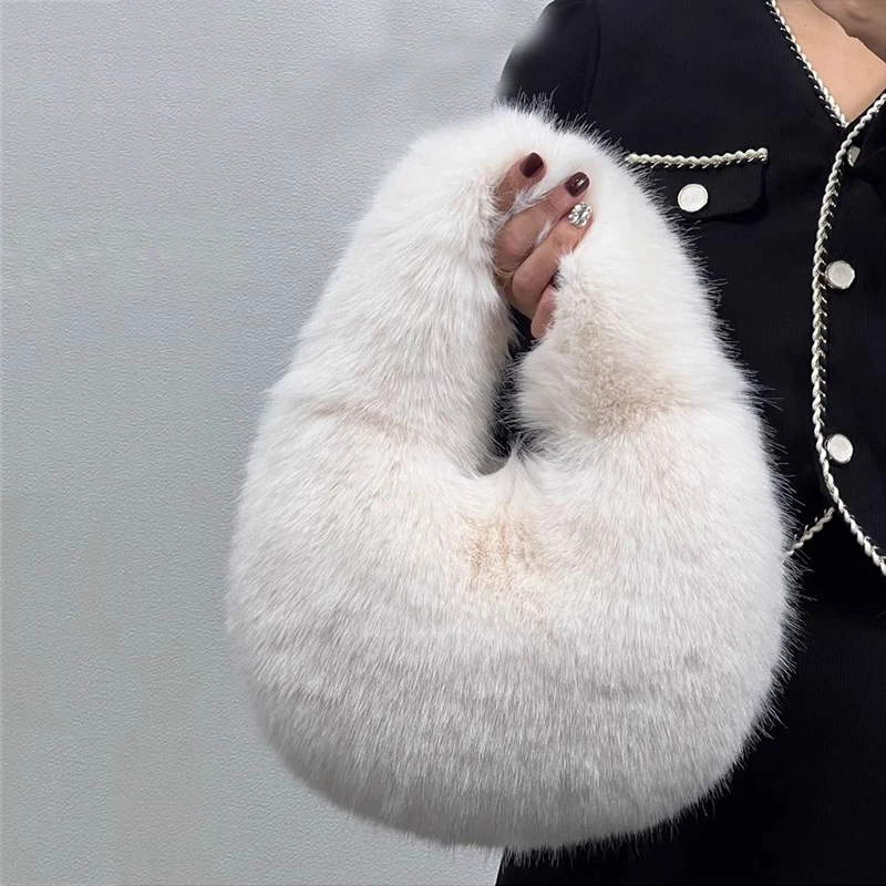 Fashion Soft Plush Half Moon Bags for Women Designer Fluffy Faux Fur Lady Handbags Luxury Small Tote Female Winter Purses