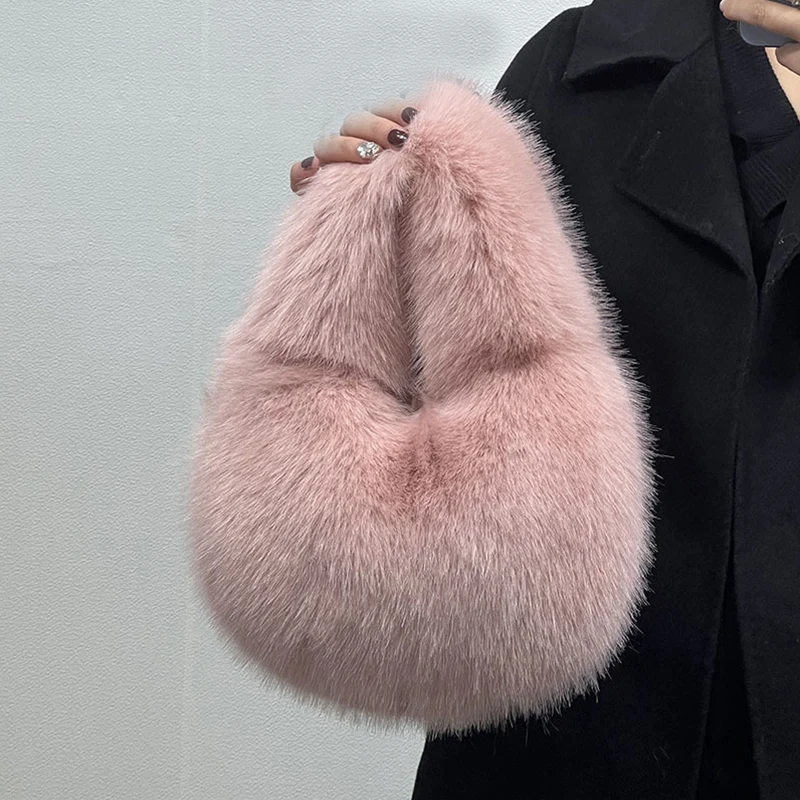 Fashion Soft Plush Half Moon Bags for Women Designer Fluffy Faux Fur Lady Handbags Luxury Small Tote Female Winter Purses
