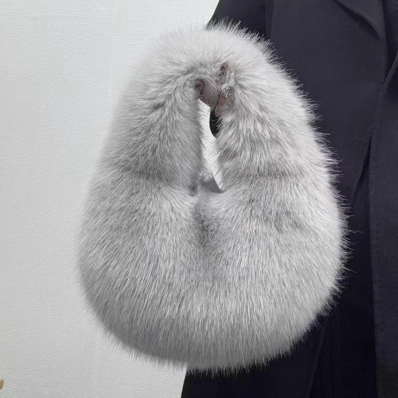 Fashion Soft Plush Half Moon Bags for Women Designer Fluffy Faux Fur Lady Handbags Luxury Small Tote Female Winter Purses