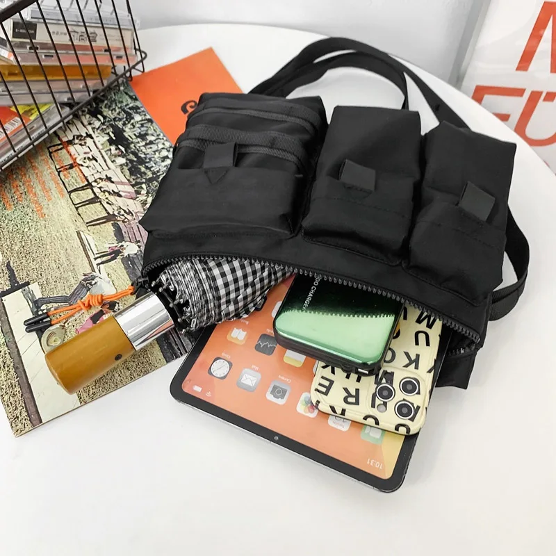 Streetwear Unisex Nylon Tactical Messenger Bags Casual Bullet Bessenger Bag Hip Hop Vest Bag Function Tactics Phone Shoulder Bag