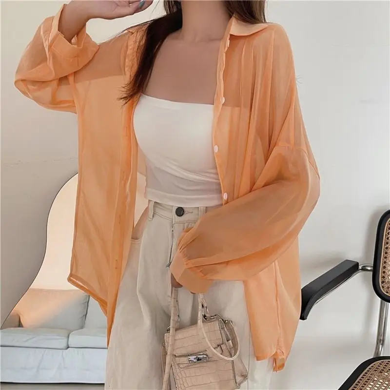 Rimcoy 2024 Summer Sunscreen Shirt for Women All Match Thin Chiffon Blouse Woman Korean Harajuku See Through Loose Shirts Female