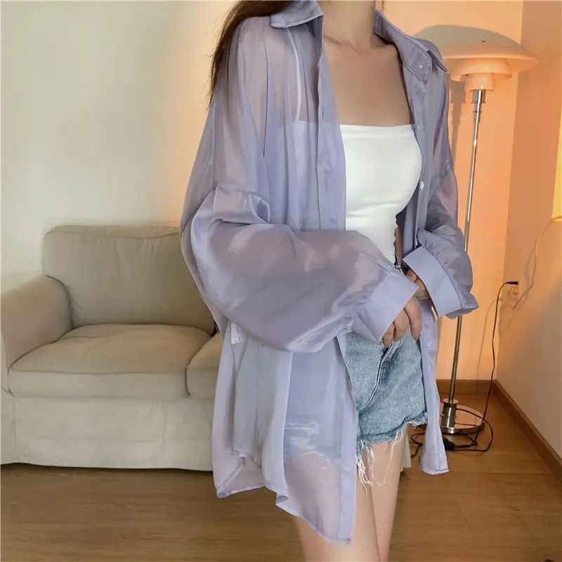 Rimcoy 2024 Summer Sunscreen Shirt for Women All Match Thin Chiffon Blouse Woman Korean Harajuku See Through Loose Shirts Female