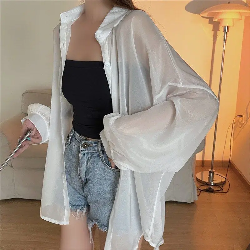 Rimcoy 2024 Summer Sunscreen Shirt for Women All Match Thin Chiffon Blouse Woman Korean Harajuku See Through Loose Shirts Female