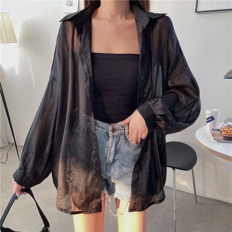 Rimcoy 2024 Summer Sunscreen Shirt for Women All Match Thin Chiffon Blouse Woman Korean Harajuku See Through Loose Shirts Female