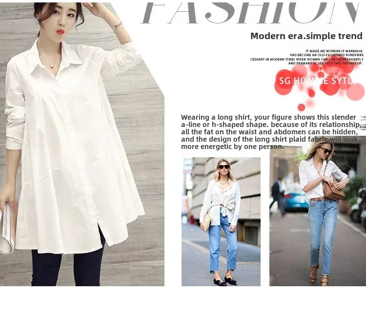 White Shirt Chemises Femmes Loose Type Elegant Blouses Mid-length Style Plus Size Women Clothes Long Sleeve Blouse Shirts