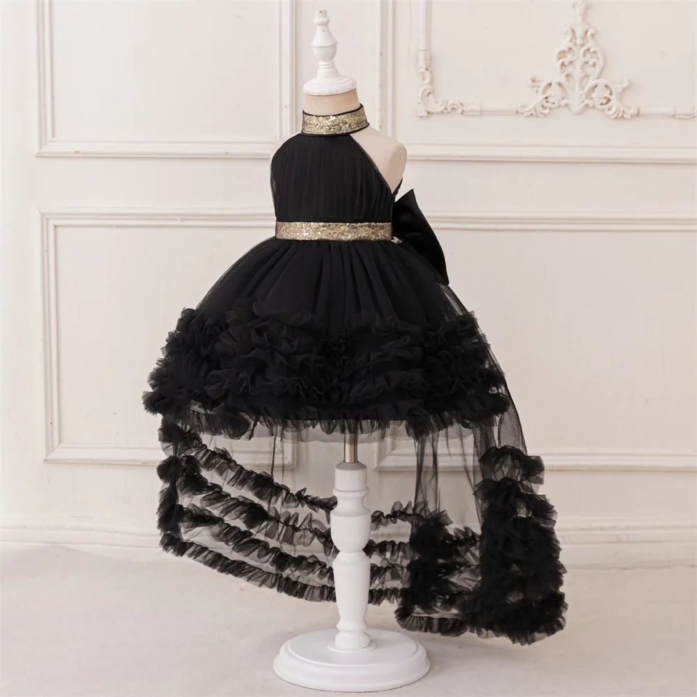 Baby Girls Trailing Tail Black Party Dress Kids Lace Fluffy Evening Princess Gown Elegant Girl Fashion Birthday Tutu Dresses
