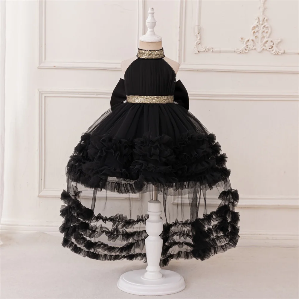 Baby Girls Trailing Tail Black Party Dress Kids Lace Fluffy Evening Princess Gown Elegant Girl Fashion Birthday Tutu Dresses