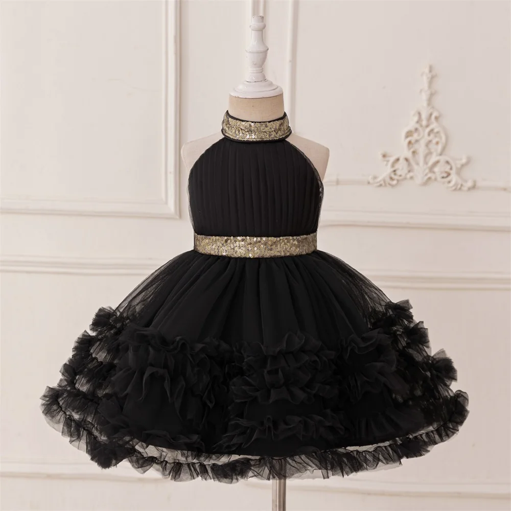 Baby Girls Trailing Tail Black Party Dress Kids Lace Fluffy Evening Princess Gown Elegant Girl Fashion Birthday Tutu Dresses