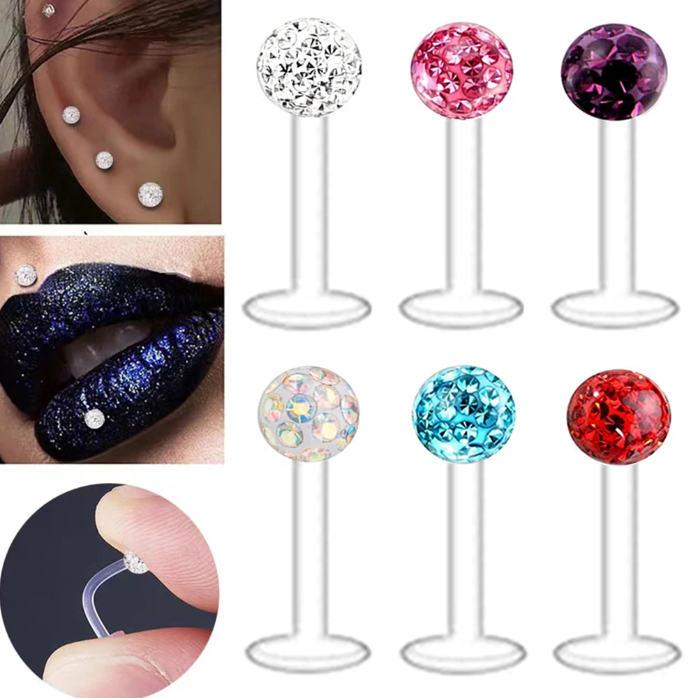 2X Acrylic Labret Monroe Lip Ring 6-12mm Bar Flexible Epoxy Coved Crystal 3mm Ball Ear Tragus Stud Retainer Piercing