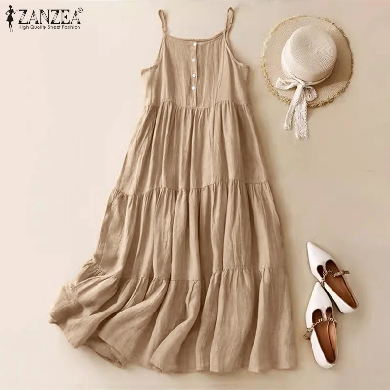 Summer Women Spaghetti Strap Holiday Midi Dress 2024 ZANZEA Stylish Solid Ruffles Sundress Elegant Casual A-line Party Vestidos