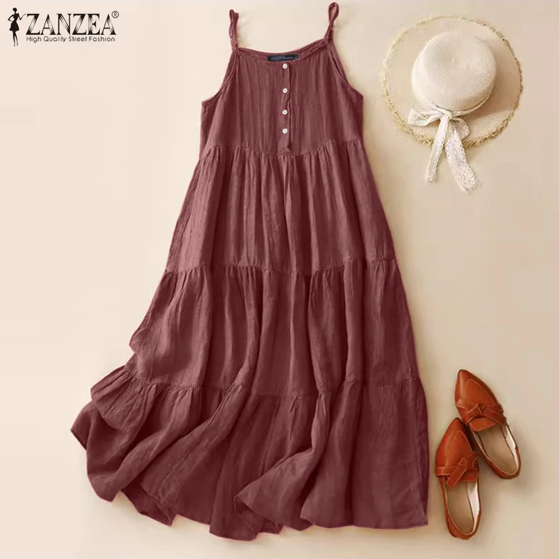 Summer Women Spaghetti Strap Holiday Midi Dress 2024 ZANZEA Stylish Solid Ruffles Sundress Elegant Casual A-line Party Vestidos