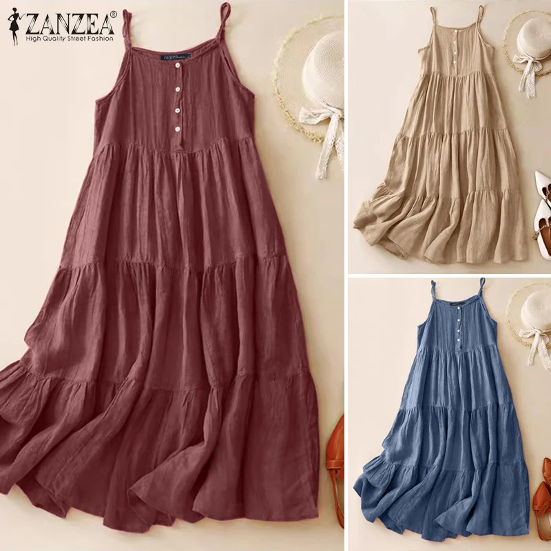 Summer Women Spaghetti Strap Holiday Midi Dress 2024 ZANZEA Stylish Solid Ruffles Sundress Elegant Casual A-line Party Vestidos