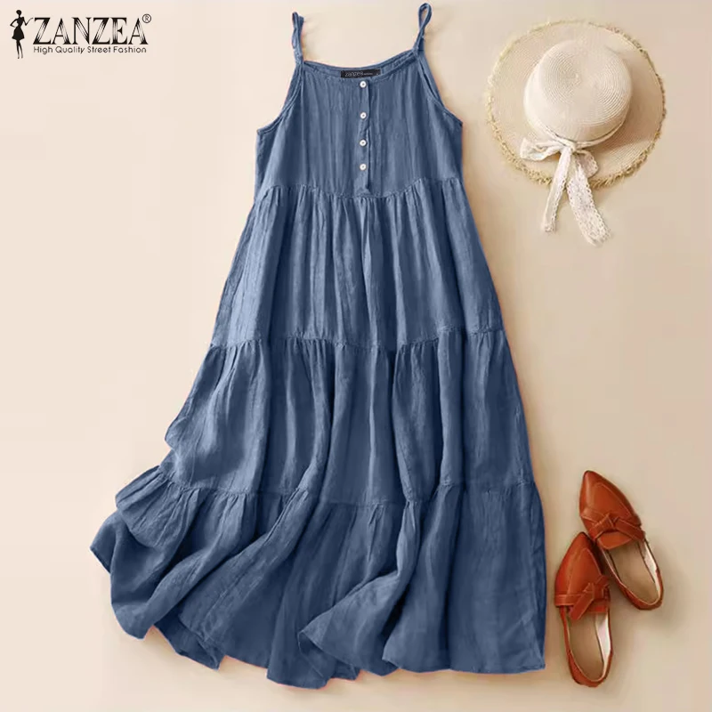 Summer Women Spaghetti Strap Holiday Midi Dress 2024 ZANZEA Stylish Solid Ruffles Sundress Elegant Casual A-line Party Vestidos