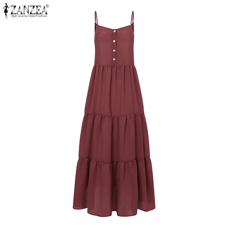 Summer Women Spaghetti Strap Holiday Midi Dress 2024 ZANZEA Stylish Solid Ruffles Sundress Elegant Casual A-line Party Vestidos