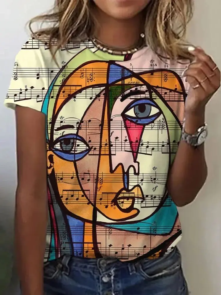 Picasso Abstract 3D Painting Vintage Elegant Women's T-shirts Short Sleeve Fashion Trend Tees Casual Style Lady's Clothing