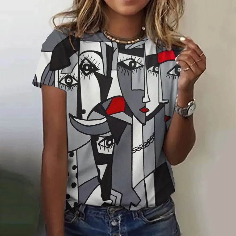 Picasso Abstract 3D Painting Vintage Elegant Women's T-shirts Short Sleeve Fashion Trend Tees Casual Style Lady's Clothing
