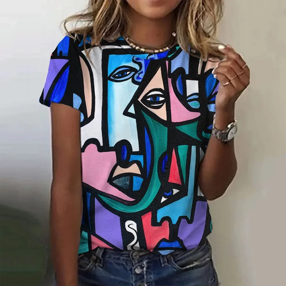 Picasso Abstract 3D Painting Vintage Elegant Women's T-shirts Short Sleeve Fashion Trend Tees Casual Style Lady's Clothing