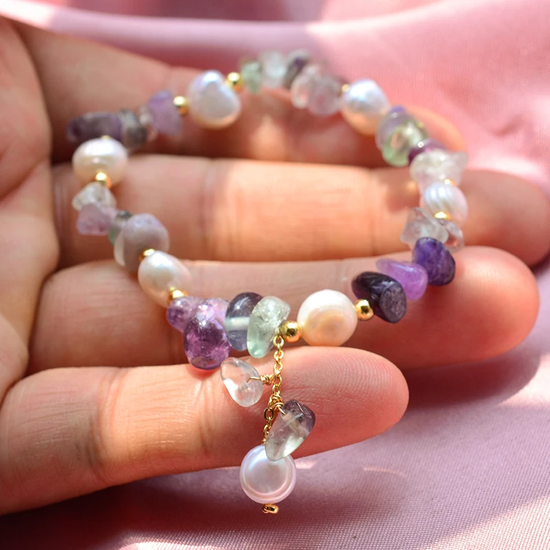 100% Natural Freshwater Pearl & Purple Crystal 14K Gold Filled Female Charm Bracelet Jewelry For Women Christmas Gifts No Fade