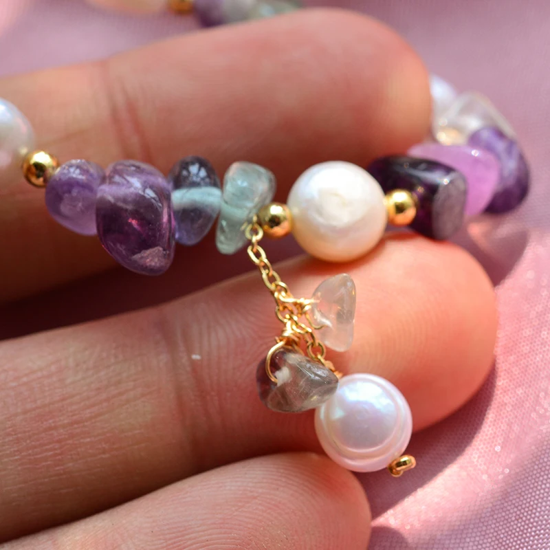 100% Natural Freshwater Pearl & Purple Crystal 14K Gold Filled Female Charm Bracelet Jewelry For Women Christmas Gifts No Fade