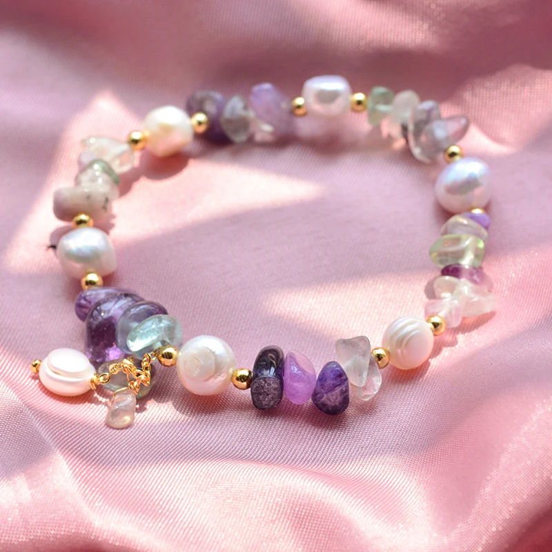 100% Natural Freshwater Pearl & Purple Crystal 14K Gold Filled Female Charm Bracelet Jewelry For Women Christmas Gifts No Fade