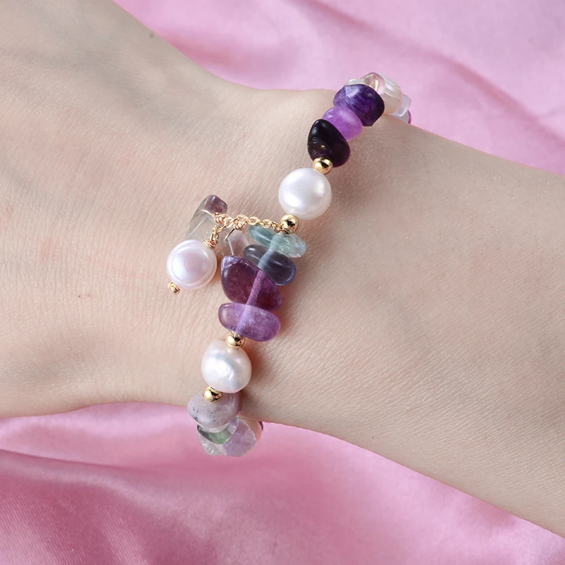 100% Natural Freshwater Pearl & Purple Crystal 14K Gold Filled Female Charm Bracelet Jewelry For Women Christmas Gifts No Fade