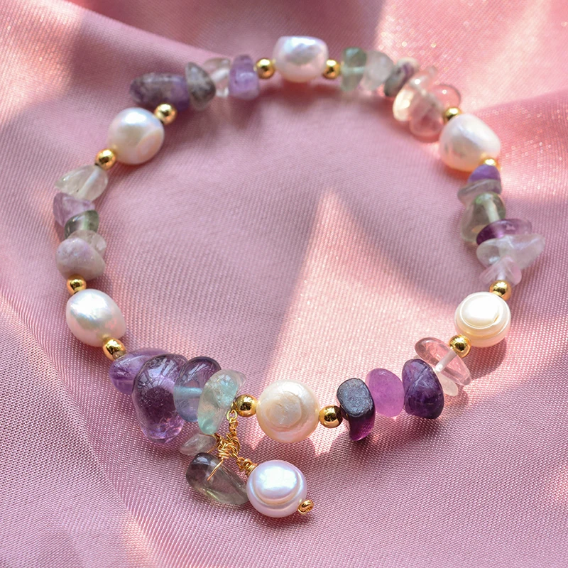 100% Natural Freshwater Pearl & Purple Crystal 14K Gold Filled Female Charm Bracelet Jewelry For Women Christmas Gifts No Fade