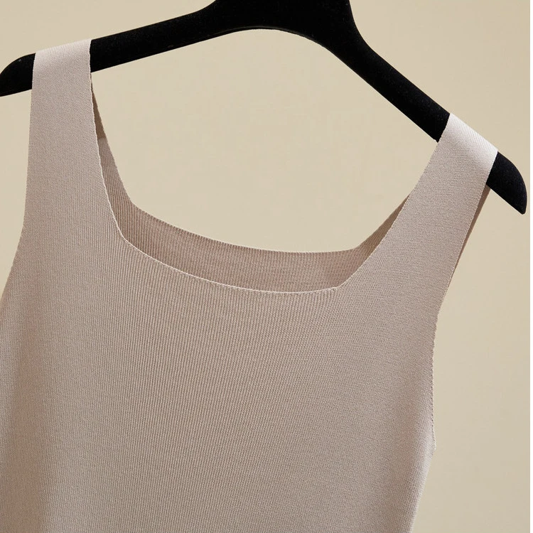 Summer Off Shoulder Tank Tops Women Fitness Short Camis Vest Female Knitted Sexy Square Collar Solid Crop Tops