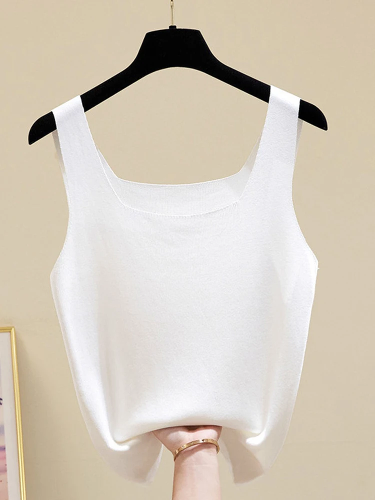 Summer Off Shoulder Tank Tops Women Fitness Short Camis Vest Female Knitted Sexy Square Collar Solid Crop Tops