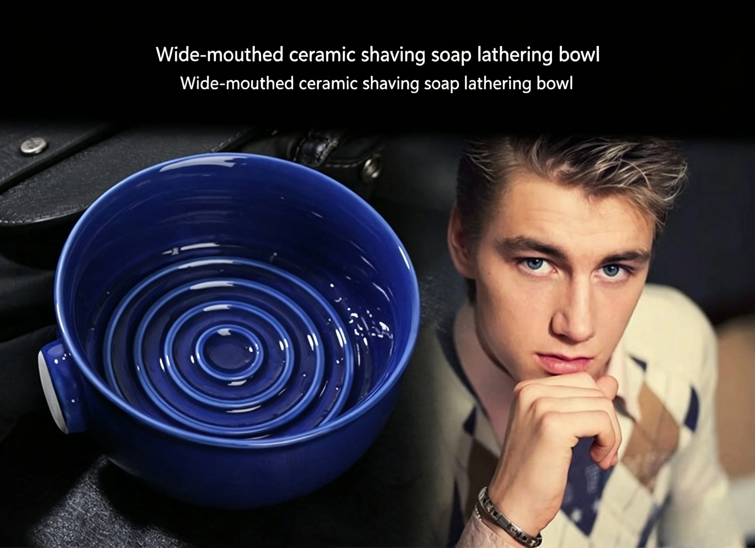 Wide mouth shaving soap, foam making bowl, soft bristled brush, foaming spiral ceramic shaving bowl