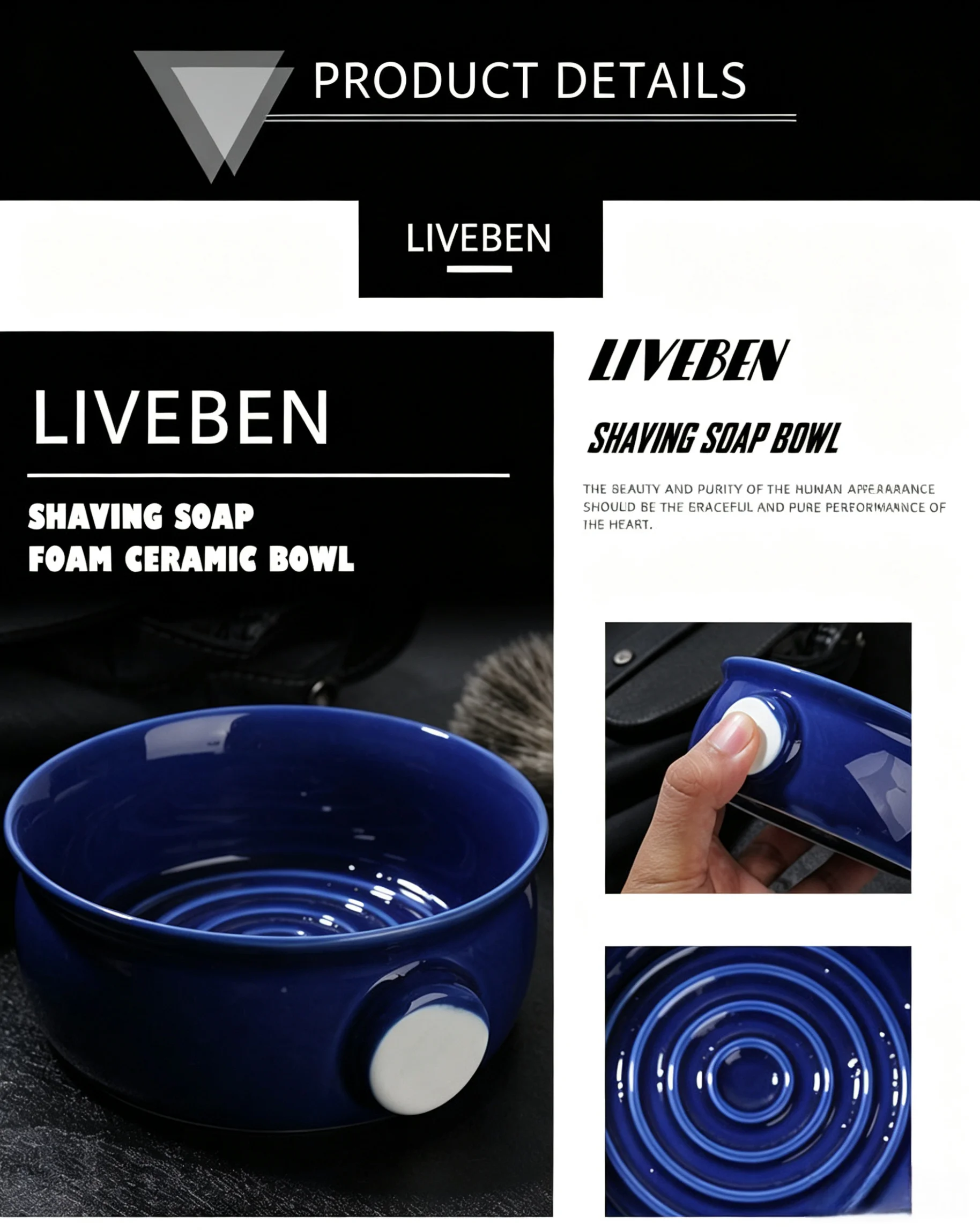 Wide mouth shaving soap, foam making bowl, soft bristled brush, foaming spiral ceramic shaving bowl