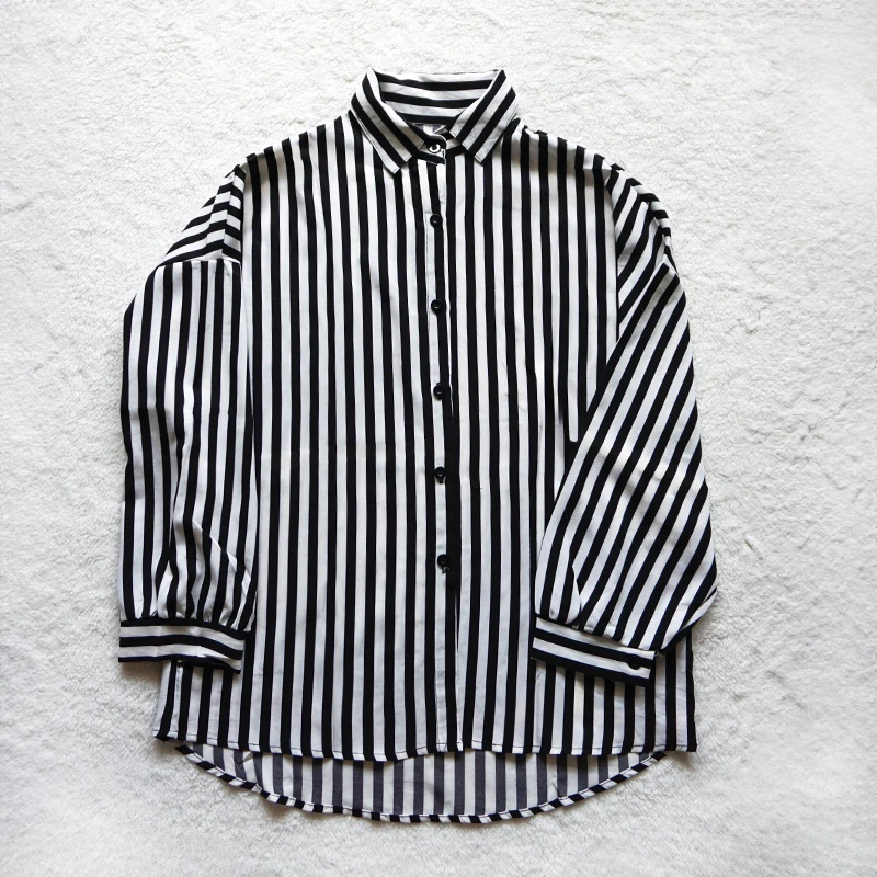 Women Shirt Black and White Striped Button Down Long Sleeve Oversize Boyfriend Blouse Tops blusas para mujer Outfit