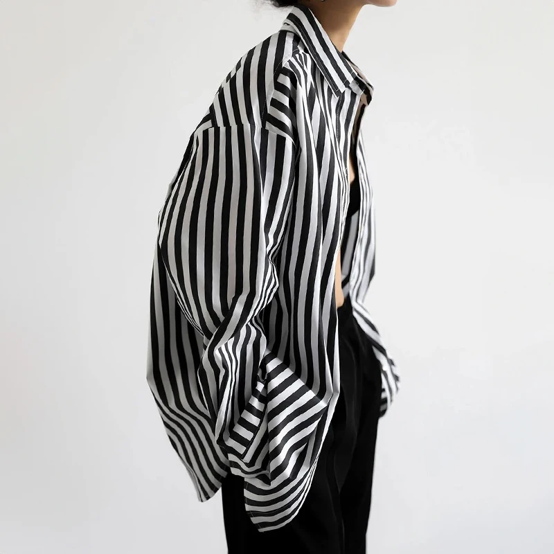 Women Shirt Black and White Striped Button Down Long Sleeve Oversize Boyfriend Blouse Tops blusas para mujer Outfit