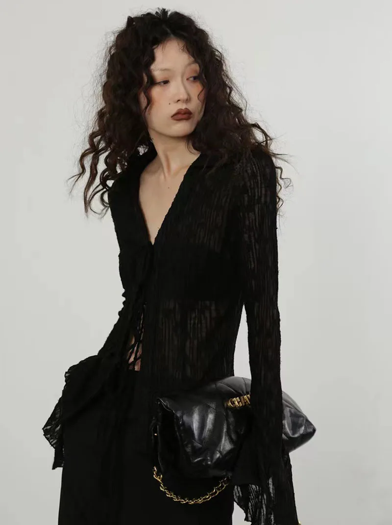 Summer Chiffon Lace Up Sun Protection Shirt Women Y2K American Streetwear Sexy Hollow Out Long Sleeve Tops Lady All Match Blouse
