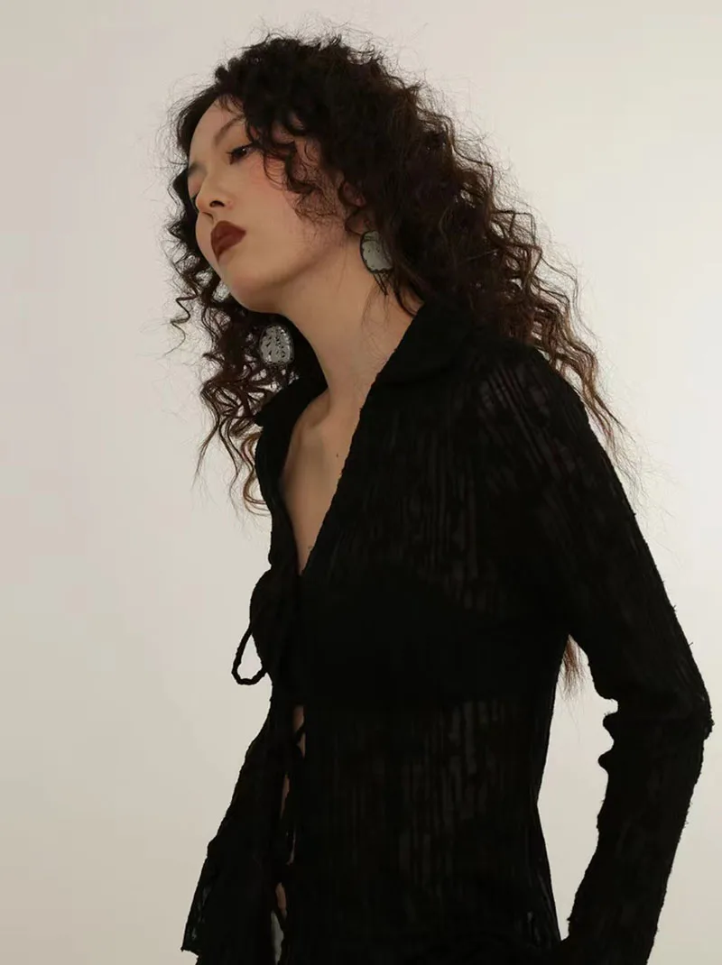 Summer Chiffon Lace Up Sun Protection Shirt Women Y2K American Streetwear Sexy Hollow Out Long Sleeve Tops Lady All Match Blouse